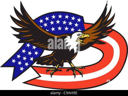 Amerikanische kahle Adler mit USA Flagge Darstellung des amerikanischen kahlen Adlers mit USA-Sternen und Streifen-Flagge auf isolierten weißen Hintergrund schreien schreien Stockfoto