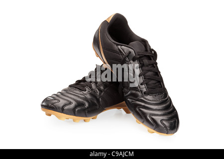 Paar schwarze Lederstiefel Fußball Stockfoto