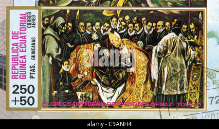 Äquatorial-Guinea-Briefmarke - das Begräbnis des Grafen Orgaz ist ein Gemälde von El Greco Stockfoto