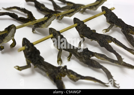 Fried River Frogs auf dem Markt in Vientiane Laos - ein Beispiel für die seltsamen oder seltsamen Speisen, die von Menschen auf der ganzen Welt gegessen werden Stockfoto