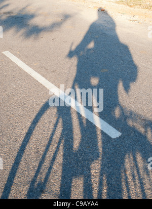Mann reiten Fahrrad Schatten auf eine Straße. Indien Stockfoto