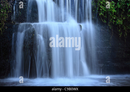 Ein kleiner Wasserfall auf dem Weg zur Narbe Haus Stausee in der Nähe von Lofthouse in Nidderdale, Yorkshire, England Stockfoto