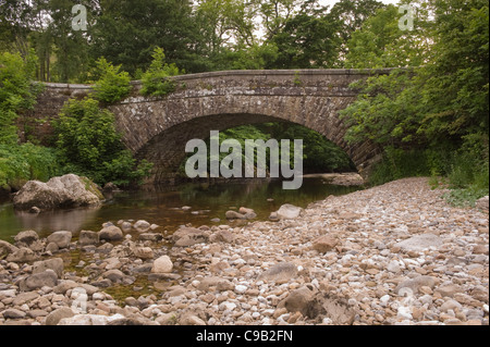Alte steinerne Brücke (1 Bogen) spanning seicht fließenden Wasser des River Wharfe (ruhigen malerischen bewaldeten Tal) - hubberholme, Yorkshire Dales, England, Großbritannien Stockfoto