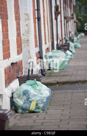 Grüne recycling-Taschen und Lebensmittel verschwenden Caddies links auf terrassenförmig angelegten Straße für Sammlung Roath Cardiff Wales UK Stockfoto