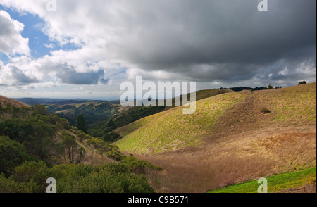 Malerische Hügellandschaft Grasland der Küste Zentral-Kalifornien unter launisch Himmel Stockfoto