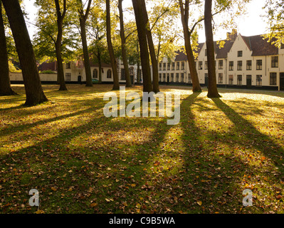 Der Stadtmauer aus dem 13. Jahrhundert Begijnhof oder Béguinage, in Brügge, Belgien. Weiß getünchtes Giebelhaus Cottages eine zentrale Grün umgeben. Stockfoto