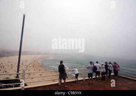 Blick über überfüllten Bondi Beach, da eine ungewöhnliche Seenebel in Sydney, Australien rollt. 20. November 2011. Weder Herr PR Stockfoto