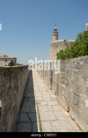 Mittelalterlichen Stadtmauer mit Tour de Constance des Ville in der Nähe von Aigues-Mortes in Bouches-du-Rhône, Camargue, Frankreich Stockfoto