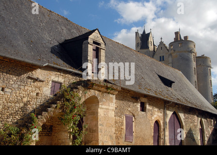 Château de Montreuil-Bellay gesehen aus der Landwirtschaft Entität an seinem Fuß in der Nähe des Thouet in Maine-et-Loire, Frankreich Stockfoto