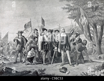 Columbus und seine Crew landen auf der Insel, die er Hispaniola (heute Dominikanische Republik und Haiti) nannte. Stockfoto
