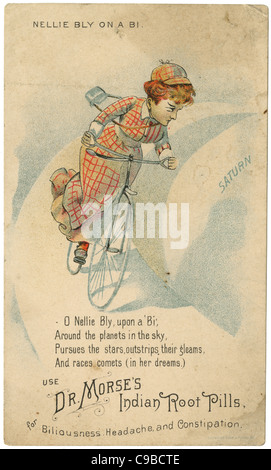 Ca. 1890 viktorianischen Handel Karte von Nellie Bly auf eine Bi(cycle). Stockfoto