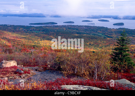 Bunter Herbst Vista von Bar Harbor von Cadillac Mountain, Mt Desert Island, Maine aus gesehen Stockfoto