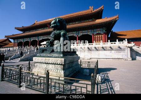 Chinesische männliche kaiserliche Wächter Löwe Skulptur vor der Halle der höchsten Harmonie, Verbotene Stadt, Peking, China