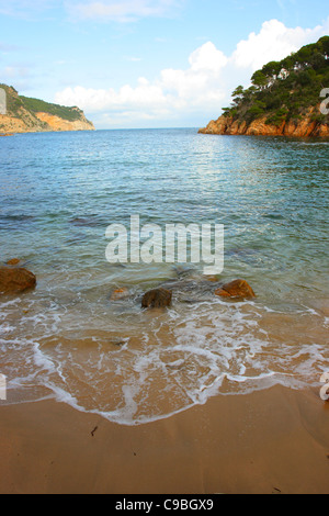 Wellen brechen sich am feinen Sandstrand. Cala Aiguablava. Costa Brava. Provinz Girona. Spanien Stockfoto