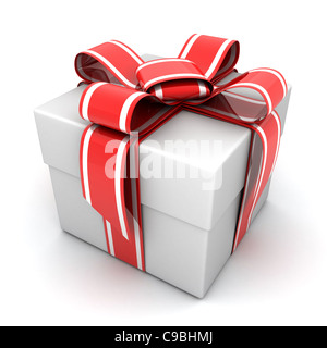 Weiße Geschenk und rotes Band (in 3d gemacht, isoliert) Stockfoto