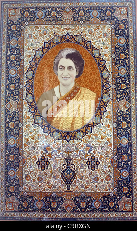 Indira Gandhi Porträt auf einem Textil Teppich, späte indische Premierminister Stockfoto