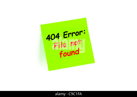 Fehler 404: Datei nicht gefunden auf einer Note, Isolated On White Stockfoto