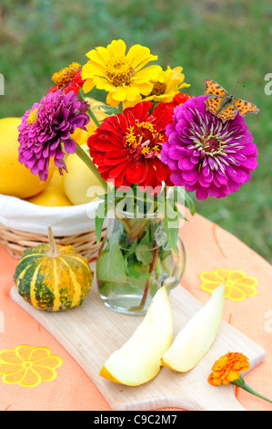 Stillleben mit Herbstblumen und ein Schmetterling. Stockfoto