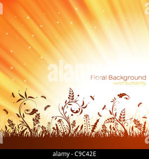 Natur-Hintergrund mit Rasen, Blumen und Schmetterling, Vektor-illustration Stockfoto