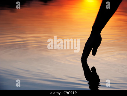 Hand berühren Wasser Welligkeit verursacht bei Sonnenaufgang Silhouette. Indien Stockfoto