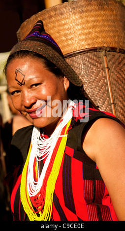 Indien in Südasien Nagaland Dame aus Naga Krieger Stamm mit einzigartigen Tracht und Schmuck trägt einen Korb auf dem Kopf Stockfoto