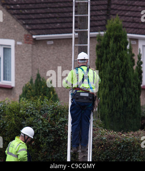 Ein Ingenieur der BT (British Telecom) klettert einen Telegrafenmast um Wartungen durchzuführen. Stockfoto