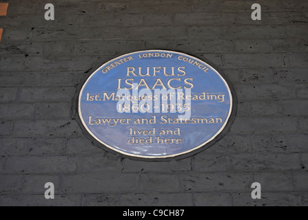 Greater london council blaue Plakette, die ein Haus und einen Ort des Todes des Staatsmannes und Anwalts rufus isaacs, 1st marquess of Reading, london, england, markiert Stockfoto