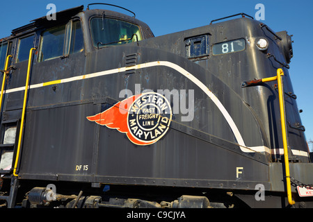 Eine Western Maryland-Lokomotive auf dem Display außerhalb an der B & O Railroad Museum, Baltimore, Maryland. Stockfoto