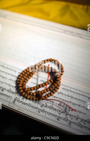 Buddhistischen Gebetsperlen sitzen oben auf Sutras am Vajra Vidya Institut für buddhistische Studien in Sarnath, Indien Stockfoto