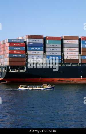 Besichtigung Lastkahn von taiwanesischen Handelsschiff YANG MING Utopia am Tollerort Container Terminal in Hamburg in den Schatten gestellt wird. Stockfoto