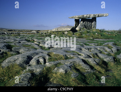 Der Poulnabrone Dolmen liegt auf dem Kalksteinpflaster des Burren, County Clare, Rep of Ireland. Stockfoto