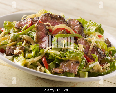 Steak-Salat mit Fajita-Gemüse, Salat, Avocado und Tortilla-Streifen Stockfoto