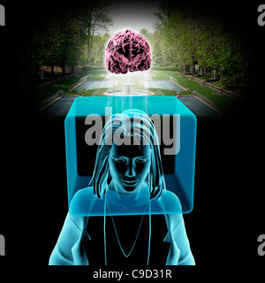 Blick über den Tellerrand - Digital Bild Frau mit Kopf im Feld und im Gehirn vor, mit Garten im Hintergrund Stockfoto