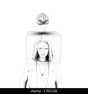 Blick über den Tellerrand - Digital Bild Frau mit Kopf in Box und Gehirn außerhalb auf weißem Hintergrund Stockfoto