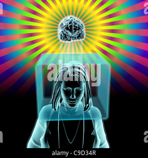 Frau mit Kopf in Kiste und Gehirn Tellerrand in strahlenden Regenbogen Stockfoto