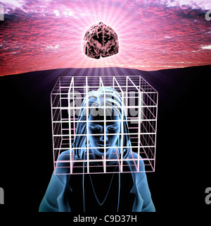 Frau mit Kopf in Käfig mit Gehirn draußen im schönen Sonnenaufgang. Stockfoto