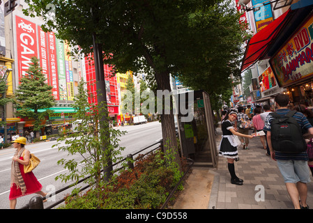 Japan, Tokyo, Akihabara Bezirk, Mädchen, gekleidet in Französisch Maid Kostüm Flyer austeilen. Stockfoto