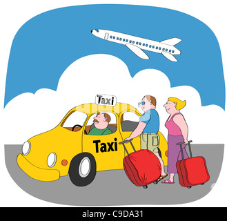 Zu zweit mit Koffern stehend neben gelben Taxi, Flugzeug fliegen gegen Himmel, Abbildung Stockfoto