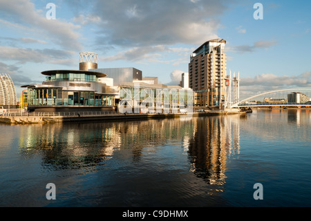 Das Lowry Centre, Imperial Point Wohnblock und die Fußgängerbrücke Millennium (Lowry), Salford Quays, Manchester, England, UK Stockfoto