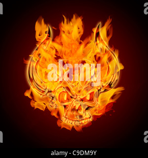 Feuer brennen Flaming Skull mit Hörnern auf dunklem Hintergrund Illustration Stockfoto