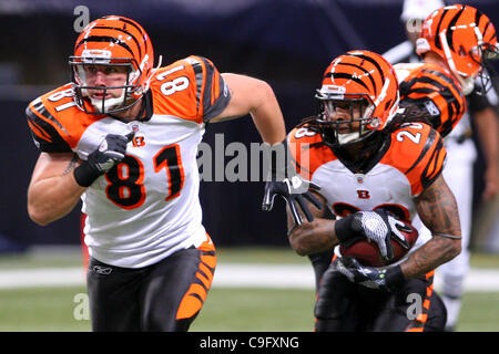 18. Dezember 2011 - läuft Saint Louis, Missouri, USA - Cincinnati Bengals-Tight-End COLIN COCHART (81) Verteidigung für Cincinnati Bengals Runningback BERNARD SCOTT (28), als er den Ball gegen die St. Louis Rams im Edward Jones Dome trägt. (Kredit-Bild: © Scott Kane/Southcreek/ZUMAPRESS.com) Stockfoto