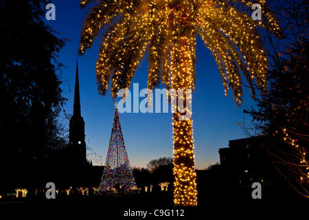 Ein Weihnachtsbaum dekoriert mit Urlaub Lichter Frames St. Matthews Church auf historischen Marion Square am 18. Dezember 2011 in Charleston, South Carolina. Stockfoto