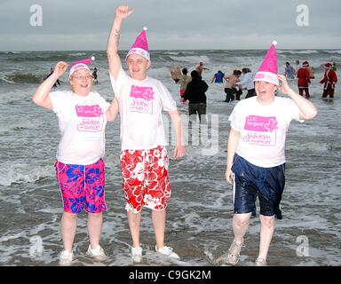 Prestwick, UK. 26. Dezember 2011. Die Teilnehmer nehmen Sie sich Zeit ihre erfolgreiche Bad im Meer als Teil der jährlichen CLIC Sargent Nächstenliebe "Dip mit einem" 2011 an Prestwick Esplanade, Prestwick zu feiern. Stockfoto