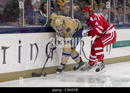 31. Dezember 2011 - South Bend, Indiana, USA - Notre-Dame-Zentrum Anders Lee (#9) und Boston University Verteidiger Patrick MacGregor (#4) um den Puck auf den Brettern im zweiten Zeitraum Aktion des NCAA-Eishockey-Spiel zwischen Notre Dame und der Boston University Kampf.  Die Notre Dame Fighting Irish besiegte die Stockfoto