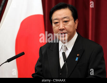 4. Januar 2012 spricht während einer Pressekonferenz Neujahr an seinem Amtssitz in Tokyo, Japan - Tokyo, Japan - der japanische Premierminister YOSHIHIKO NODA. (Kredit-Bild: © Junko Kimura/Jana Press/ZUMAPRESS.com) Stockfoto