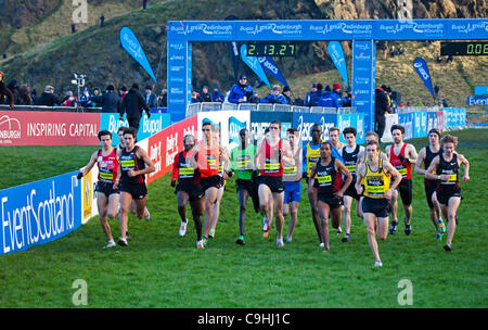 BUPA Great Edinburgh Cross Country Run, 7. Januar 2012, Mens Invitational 3-Km-Rennen. Gewinner: Asbel Kiprop, Kenia, zweite: Jonny Heu, GBR, dritte: Eliud Kipchoge, Kenia Stockfoto