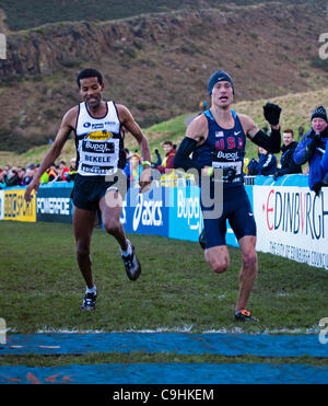 BUPA großer Edinburgh Cross Country 7. Januar 2012, Senioren Herren 8 k. Gewinner: Ayad Lamdassem, Euro, zweite: Bobby Mack, USA, dritte: Atelaw Bekele, EUR. Stockfoto