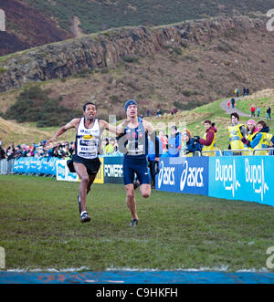 BUPA großer Edinburgh Cross Country 7. Januar 2012, Senioren Herren 8 k. Gewinner: Ayad Lamdassem, Euro, zweite: Bobby Mack USA, dritte: Atelaw Bekele, EUR. Stockfoto