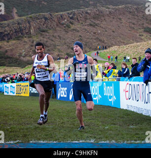 BUPA großer Edinburgh Cross Country 7. Januar 2012, Senioren Herren 8 k. Gewinner: Ayad Lamdassem, Euro, zweite: Bobby Mack, USA, dritte: Atelaw Bekele, EUR. Stockfoto