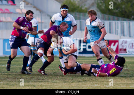 14/01/2011. Valencia, Spanien Amlin Europacup - Rugby - La Vila Joiosa vs. Verkauf Haifische (Manchester) Sale Sharks machte einen leichten Sieg gegen La Vila Joyosa 10 69 Stockfoto